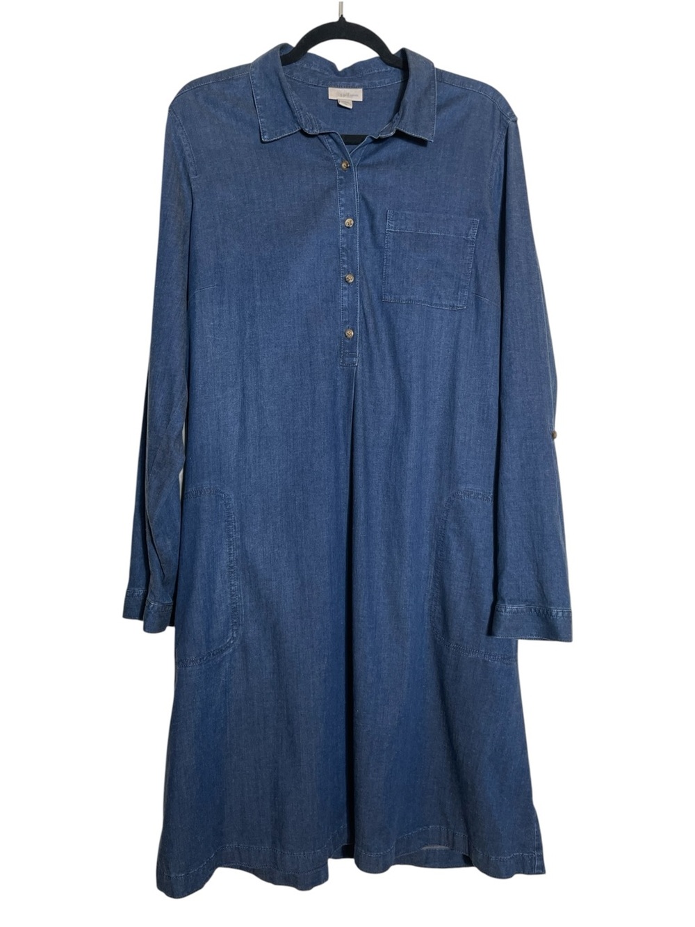 Denim Shirt Dress J.Jill Tall L Tencel Lyocell Roll Tab Sleeve Pockets - Picture 2 of 9
